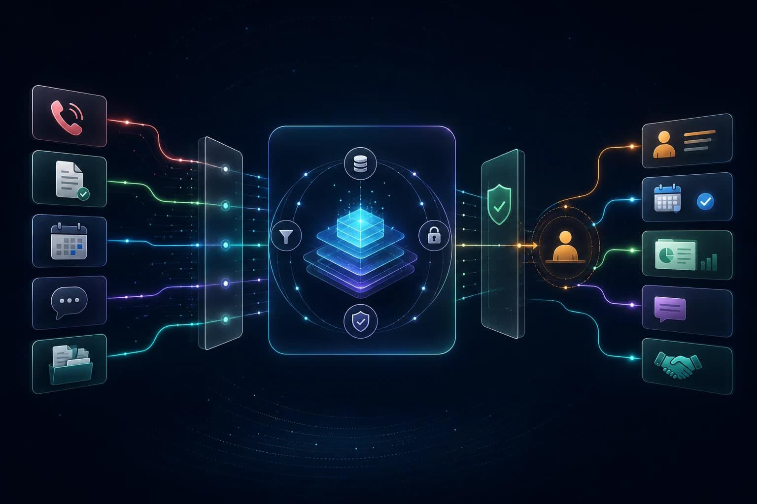 Business calls, documents, calendars, messages and knowledge flowing through a controlled AI integration layer into leads, appointments, reports, approved content and human handoffs.